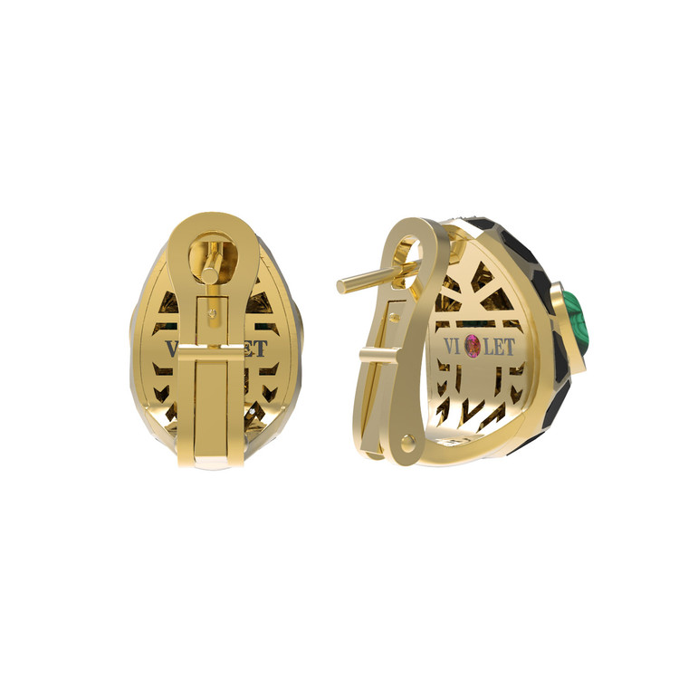 Серьги из лимонного золота c бриллиантами, рубином, ониксом, малахитом и перламутром