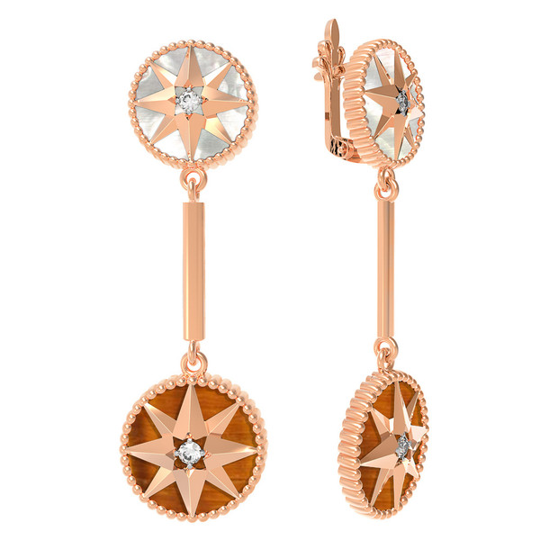 Серьги из золота c фианитом, тигровым глазом и перламутром