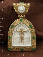 Образок из лимонного золота 585 пробы c эмалью, хризопразом и бивнем мамонта