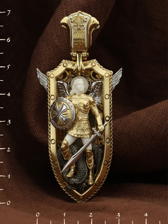 Образок из лимонного золота c эмаль и бивнем мамонта