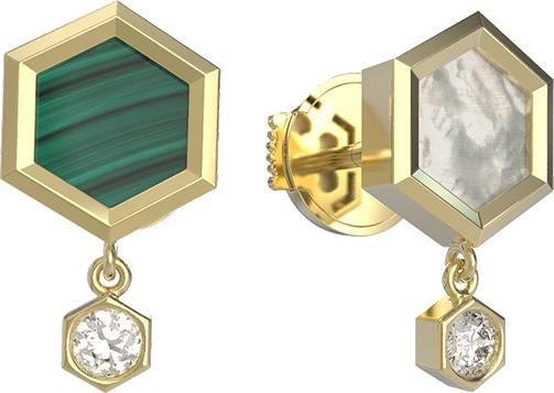 Серьги из лимонного золота c бриллиантами, малахитом и перламутром