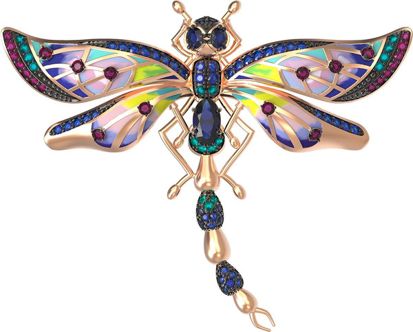 Брошь из золота c фианитом, рубином, сапфиром и эмалью