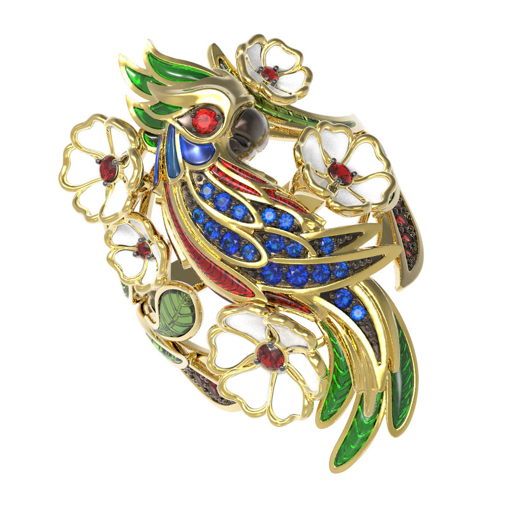 Кольцо из лимонного золота c эмаль , гранатом, рубином и сапфиром