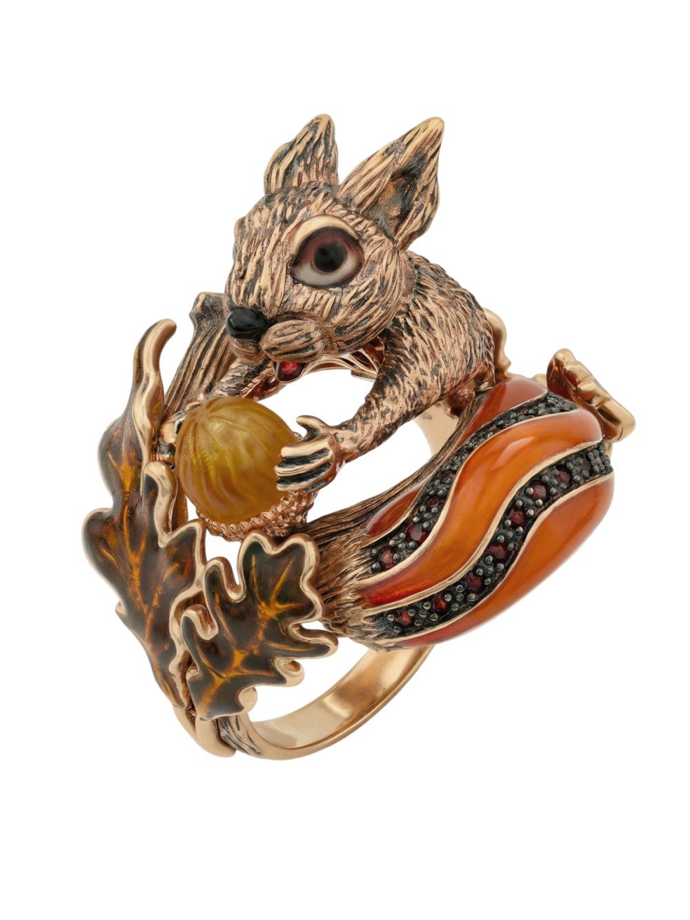 Кольцо из золота c эмаль , гранатом и янтарём