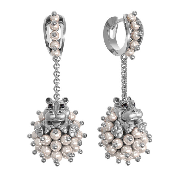 Серьги из белого золота c эмаль и жемчугом