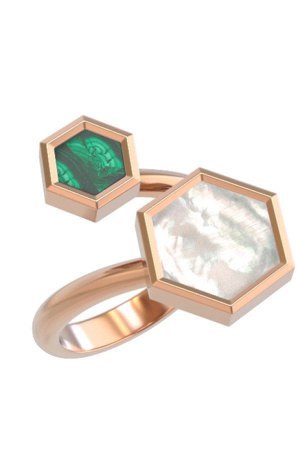Кольцо из золота 585 пробы c малахитом и перламутром