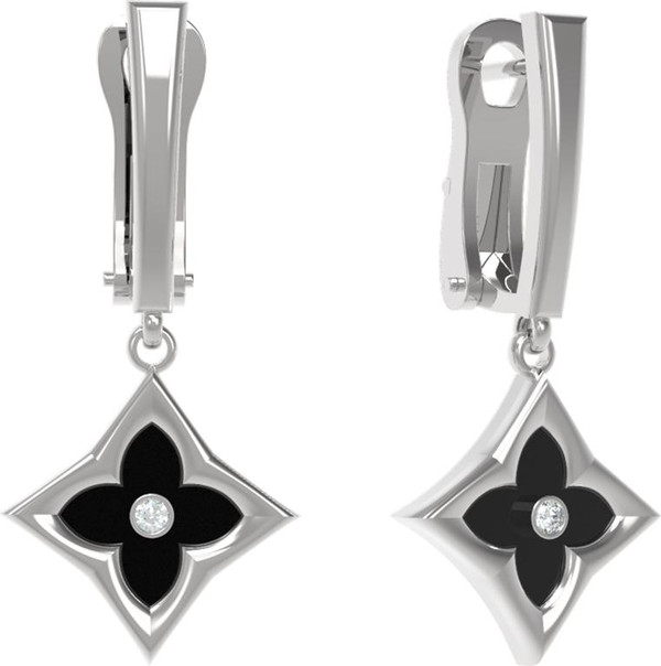 Серьги из белого золота c бриллиантами и ониксом