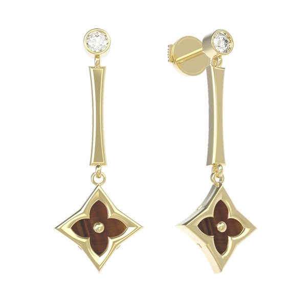 Серьги из лимонного золота c фианитом и тигровым глазом