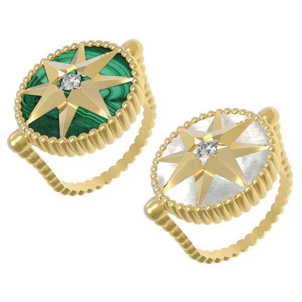 Кольцо из лимонного золота c фианитом, малахитом и перламутром