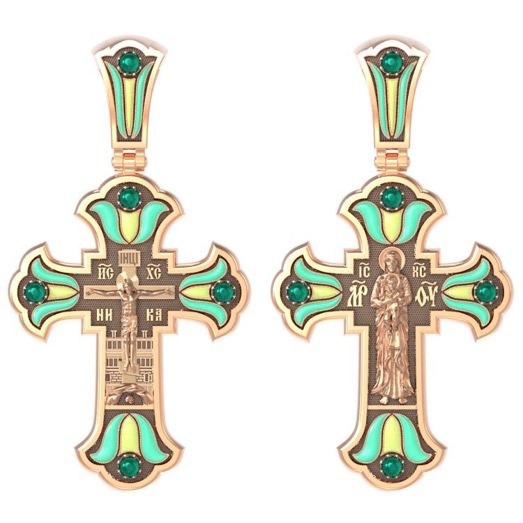 Крест из золота c эмаль и хризопразом