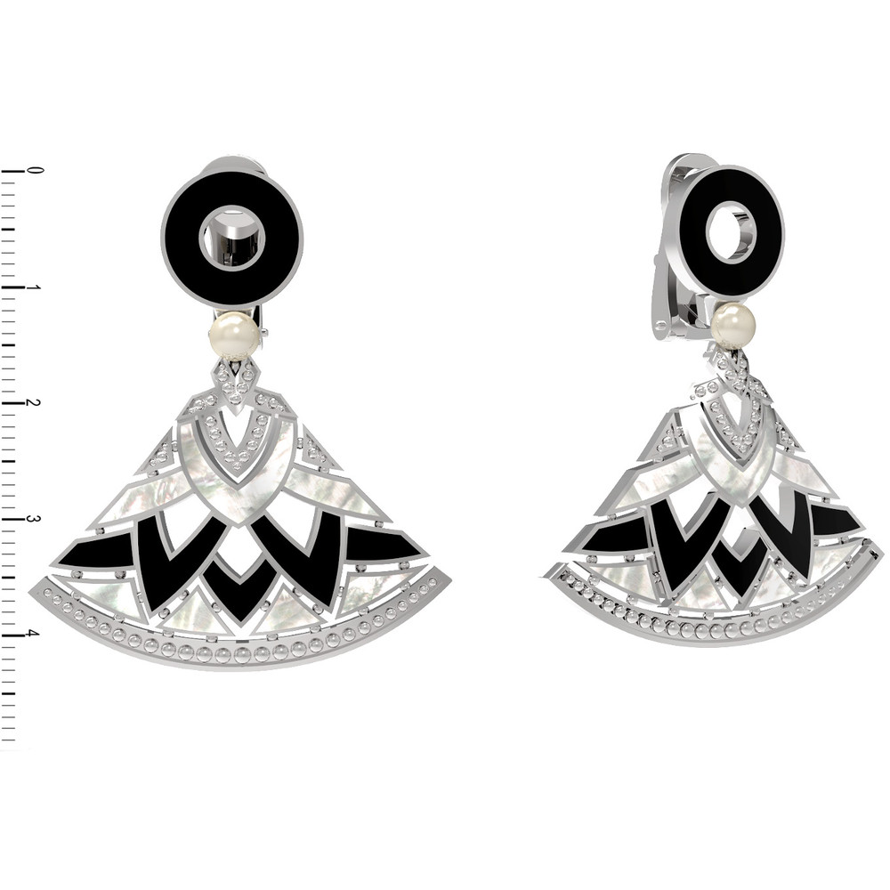 Серьги из белого золота c жемчугом, ониксом и перламутром