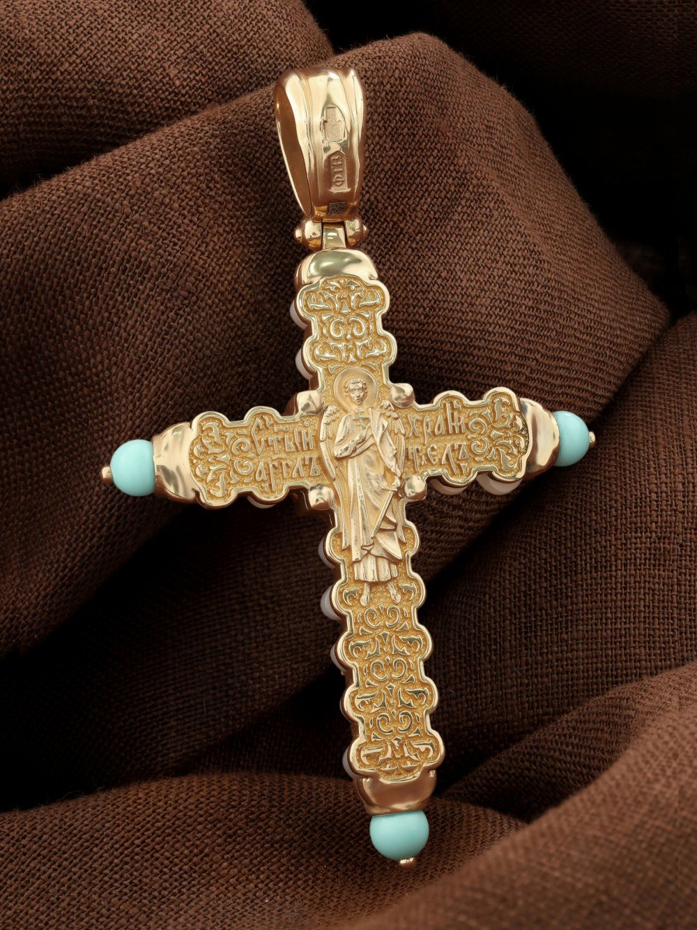 Крест из золота c бирюзой и кахолонгом