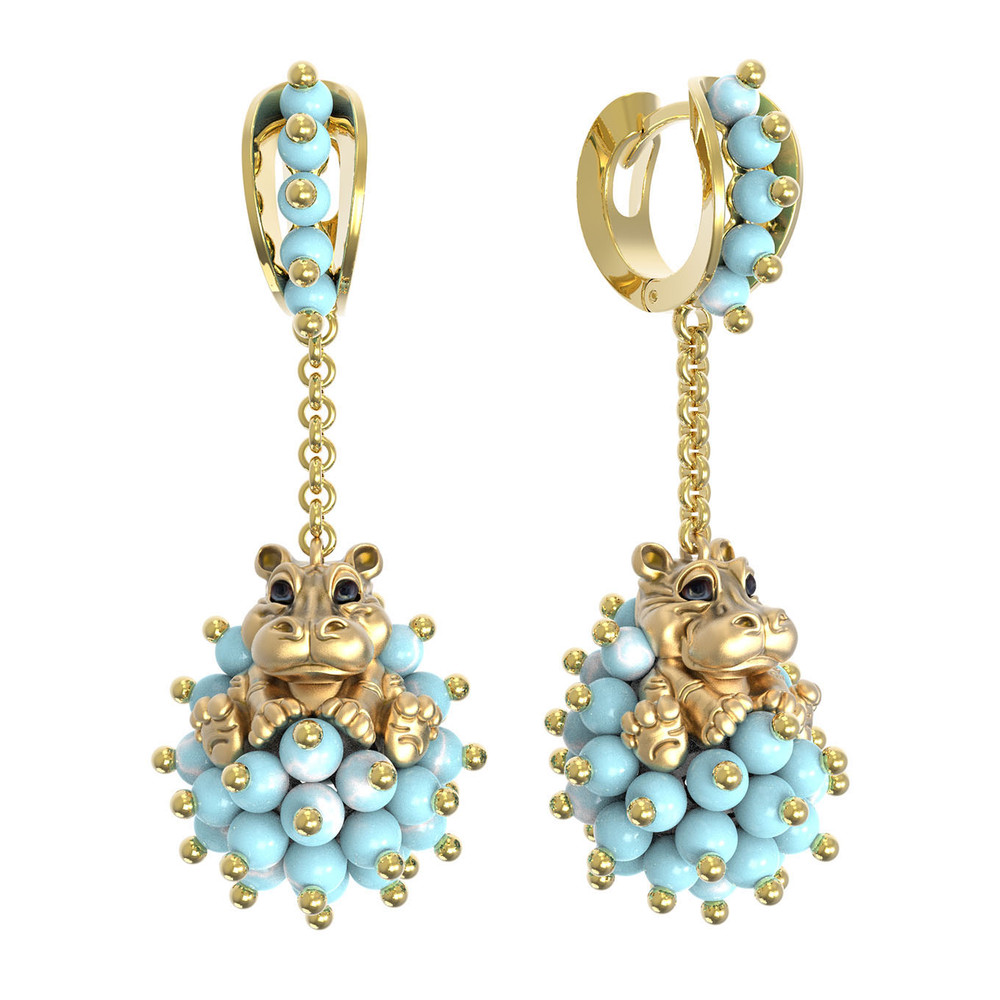 Серьги из лимонного золота c эмаль и бирюзой