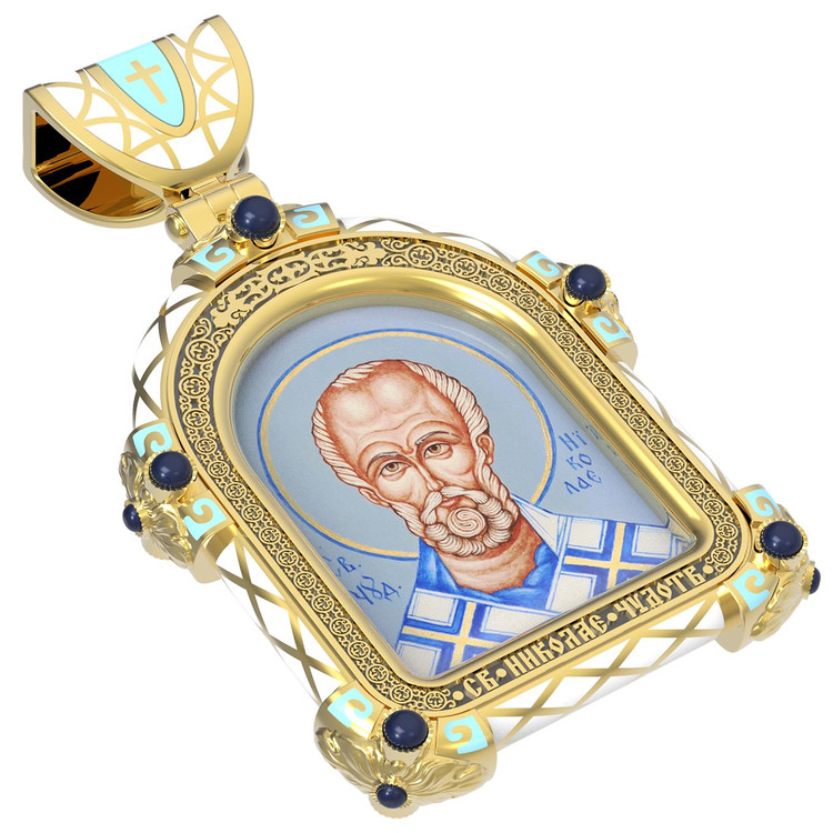 Образок из лимонного золота c эмаль , иконописью и темперой