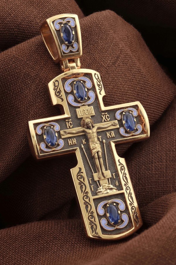 Крест из золота 585 пробы c эмалью и сапфиром
