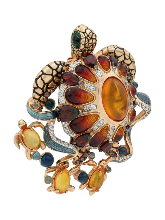 Брошь из золота c эмаль , фианитом, гранатом и янтарём