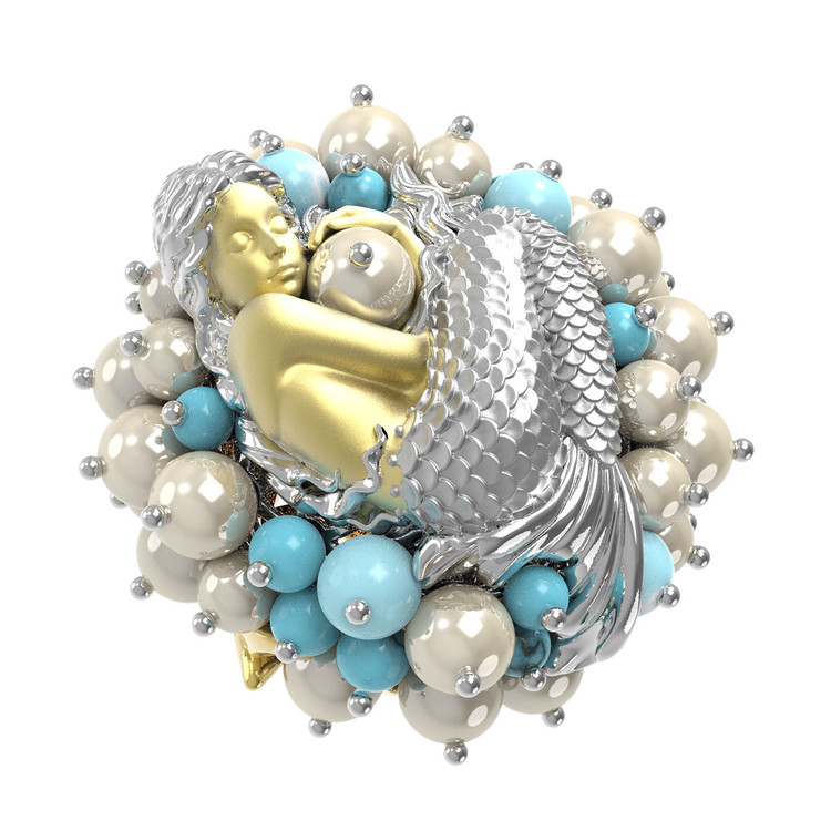 Кольцо из лимонного золота c жемчугом и бирюзой