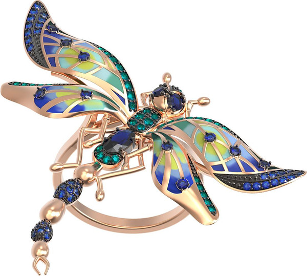 Кольцо из золота c фианитом, сапфиром и эмалью