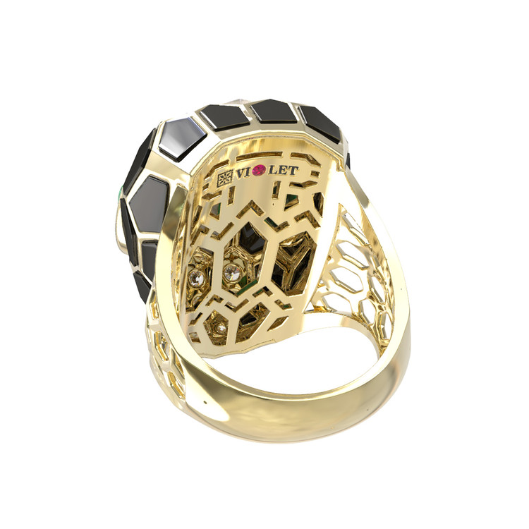 Кольцо из лимонного золота c бриллиантами, рубином, ониксом, малахитом и перламутром