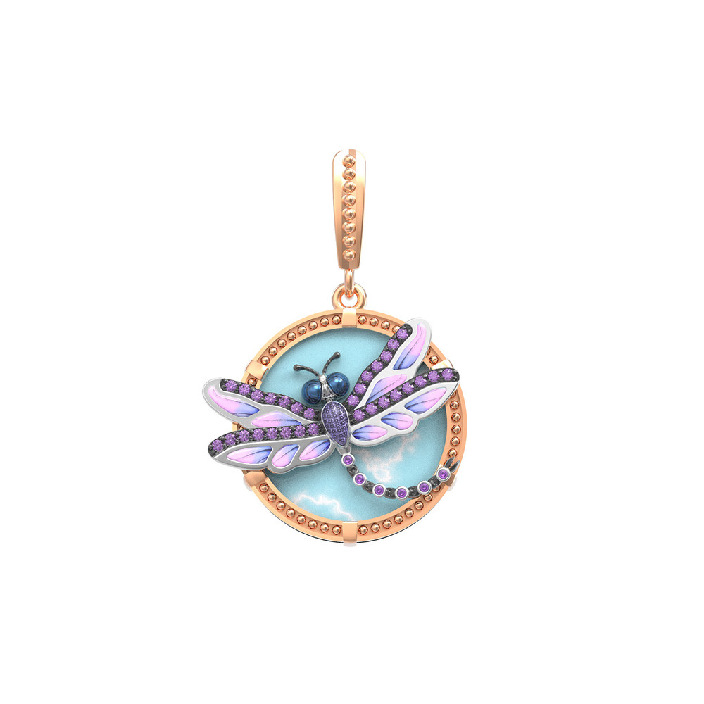 Подвеска из золота c бирюзой, аметистом и эмалью
