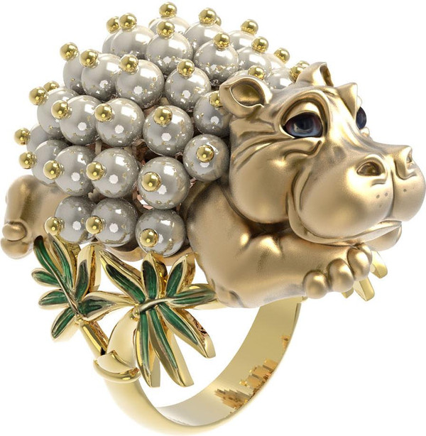 Кольцо из лимонного золота c эмаль и жемчугом