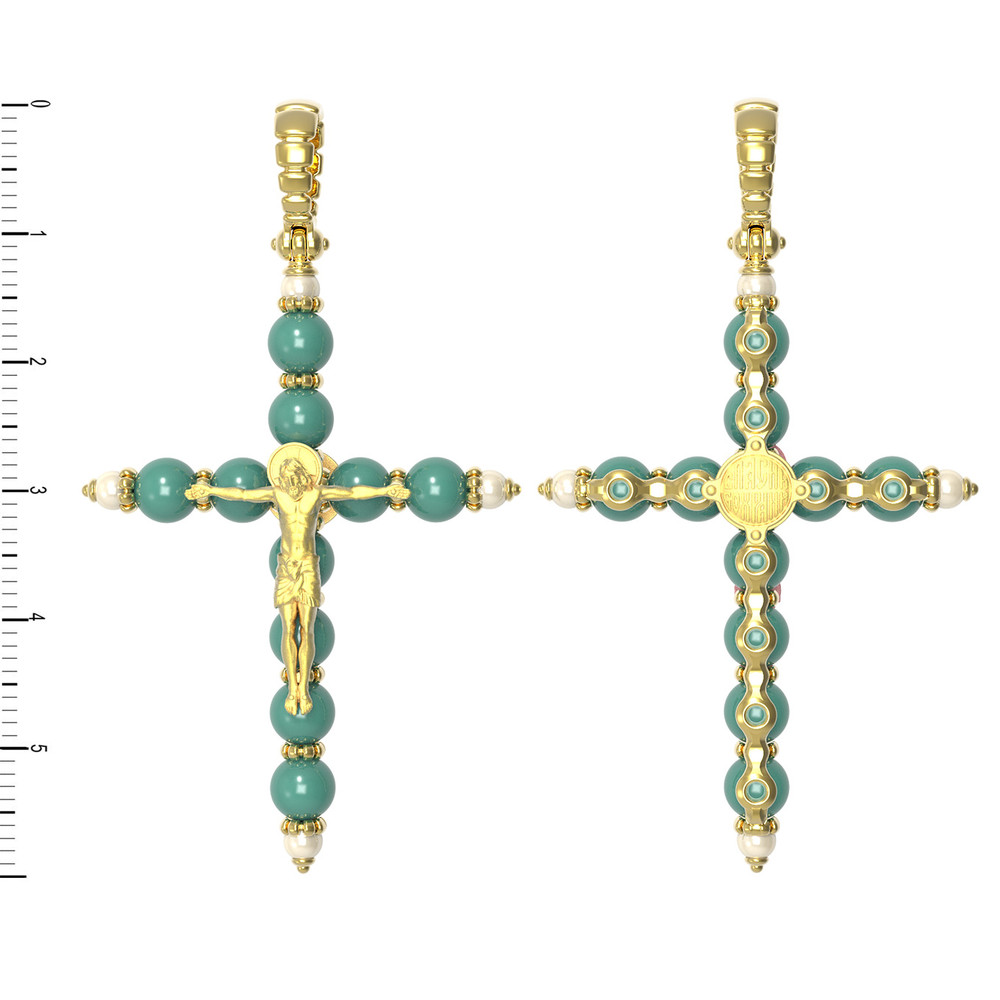 Крест из лимонного золота c жемчугом и бирюзой