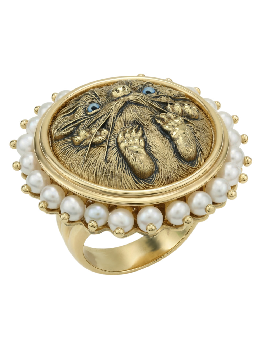 Кольцо из лимонного золота c эмаль и жемчугом