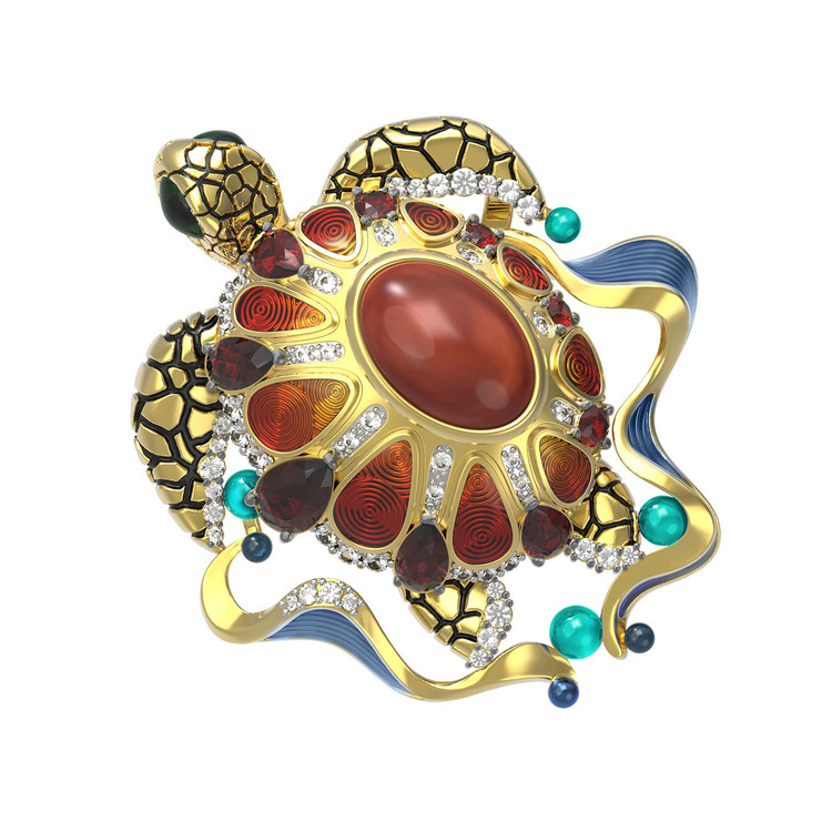 Подвеска из лимонного золота c эмаль , фианитом, гранатом и янтарём