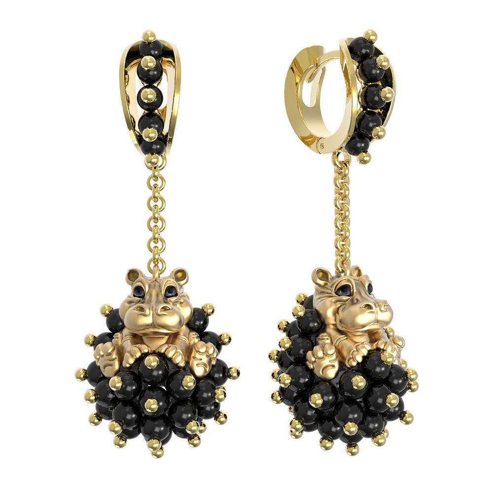 Серьги из лимонного золота c эмаль и ониксом