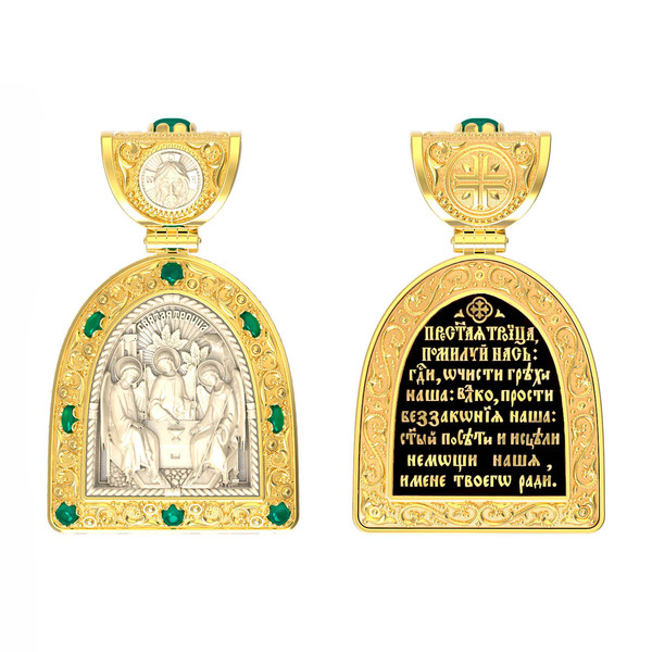 Образок из лимонного золота c эмаль , хризопразом и бивнем мамонта