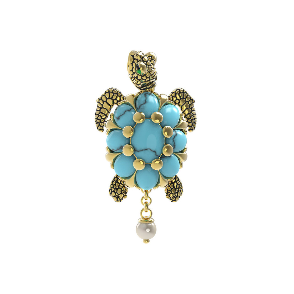 Подвеска из лимонного золота c эмаль , жемчугом и бирюзой