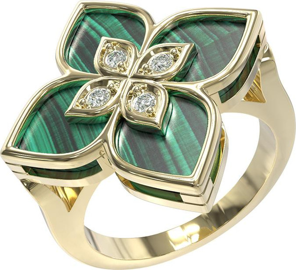 Кольцо из лимонного золота c бриллиантами и малахитом