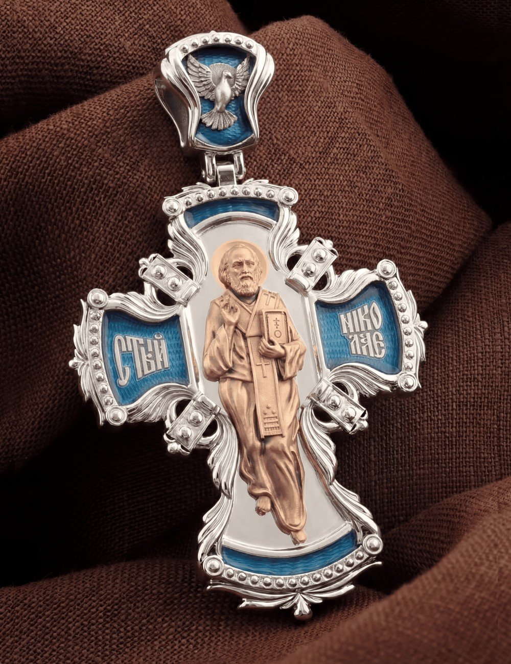 Крест из белого золота 585 пробы c эмалью