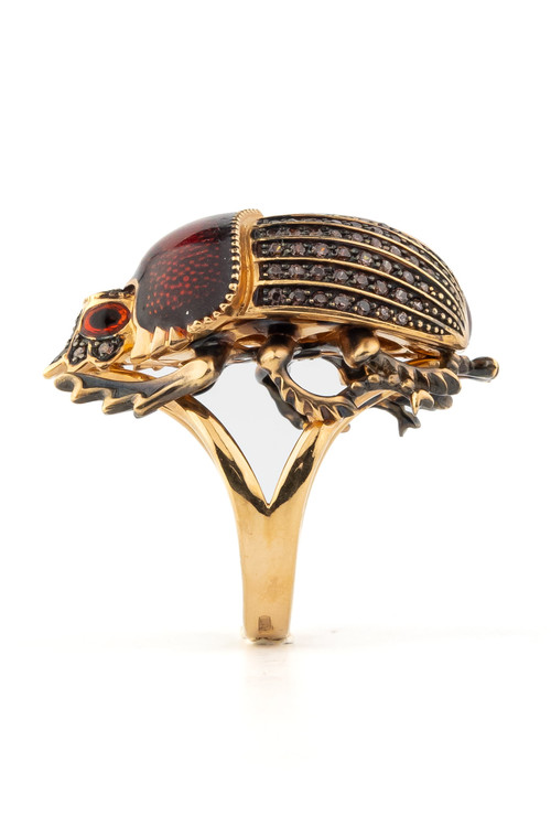 Кольцо из золота c эмаль , фианитом и гранатом