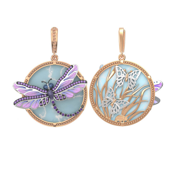 Подвеска из золота c бирюзой, аметистом и эмалью