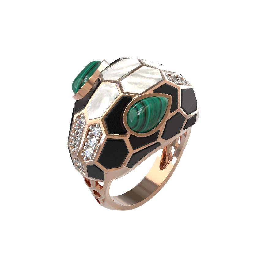 Кольцо из золота c бриллиантами, рубином, ониксом, малахитом и перламутром