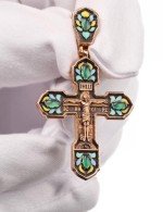 Крест из золота 585 пробы c эмалью и хризопразом