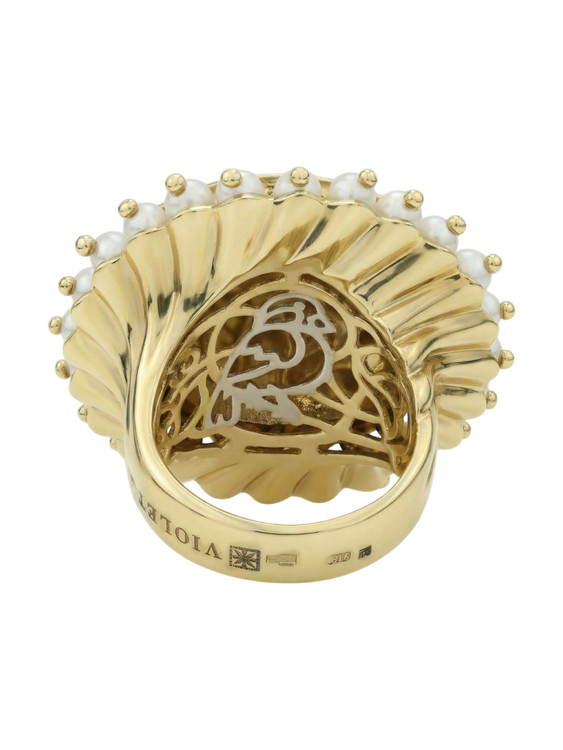 Кольцо из лимонного золота c эмаль и жемчугом