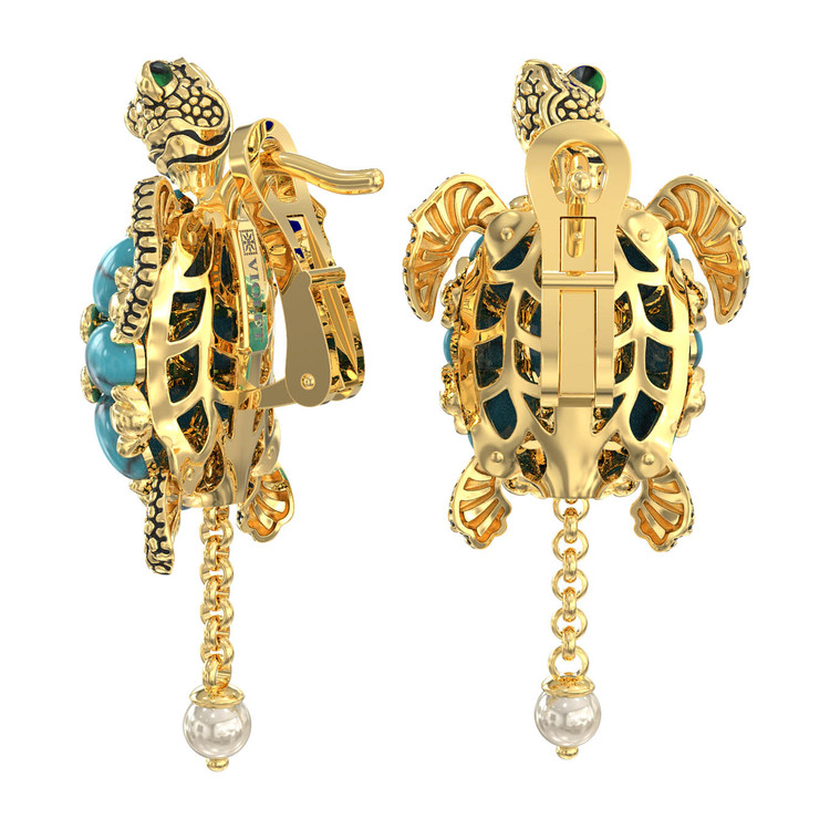 Серьги из лимонного золота c эмаль , жемчугом и бирюзой
