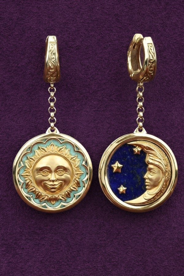 Серьги из лимонного золота c бирюзой и лазуритом