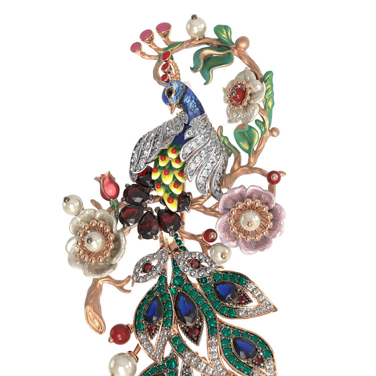 Брошь из золота c эмаль , фианитом, гранатом, жемчугом, сапфиром, кораллом и перламутром