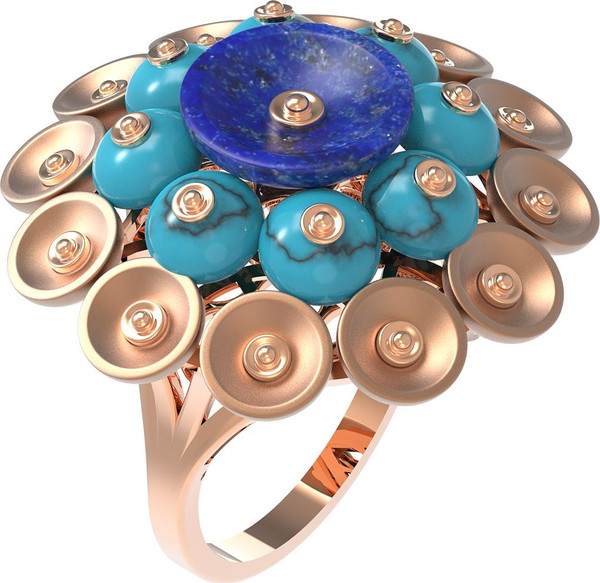 Кольцо из золота c бирюзой и лазуритом