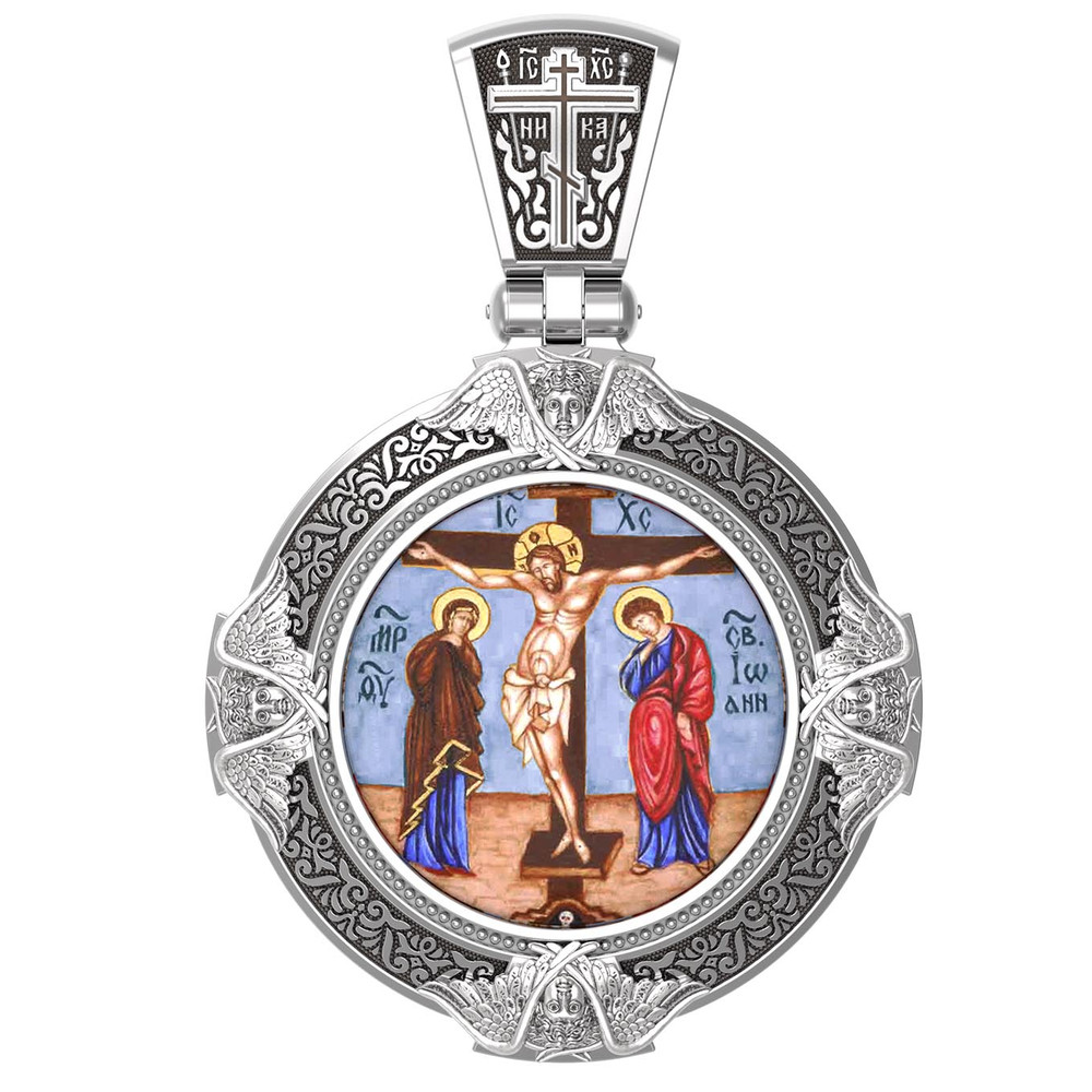 Образок из белого золота c эмаль , иконописью и темперой