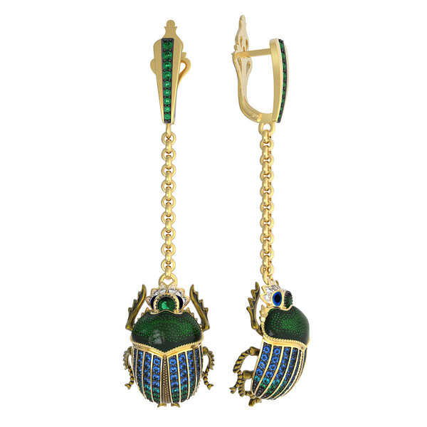 Серьги из лимонного золота c эмаль , фианитом, турмалином и сапфиром