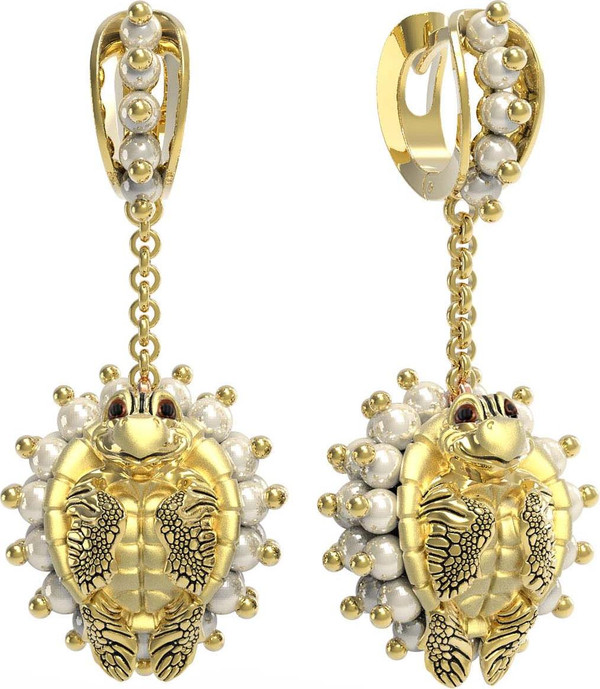 Серьги из лимонного золота c эмаль и жемчугом