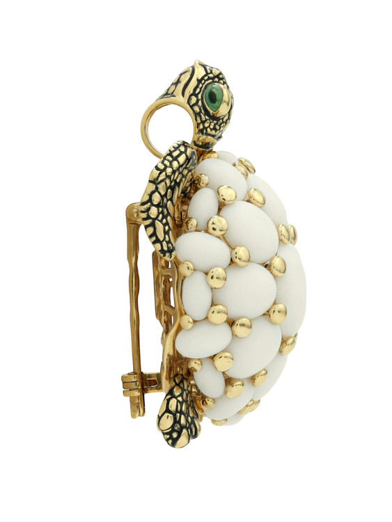 Брошь из лимонного золота c эмаль и бивнем мамонта