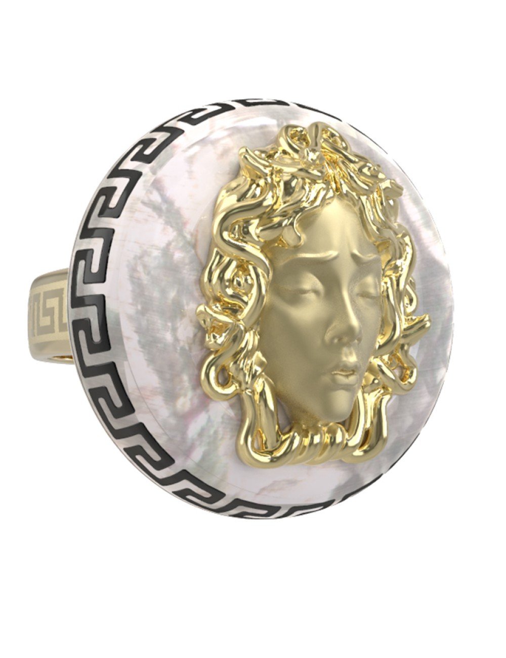 Кольцо из лимонного золота 585 пробы c эмалью и перламутром