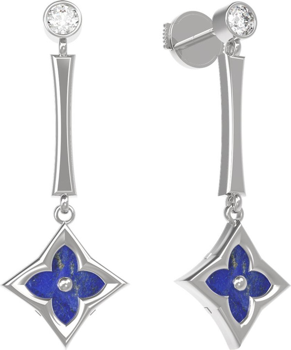 Серьги из белого золота c фианитом и лазуритом