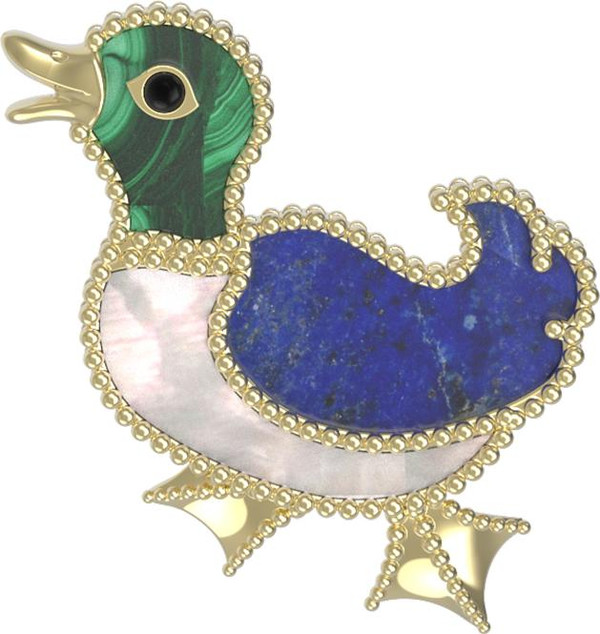 Брошь из лимонного золота c эмаль , лазуритом, малахитом и перламутром