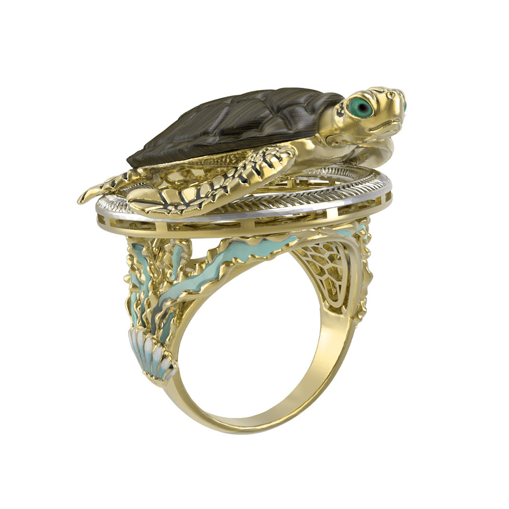 Кольцо из лимонного золота c эмаль и железным деревом